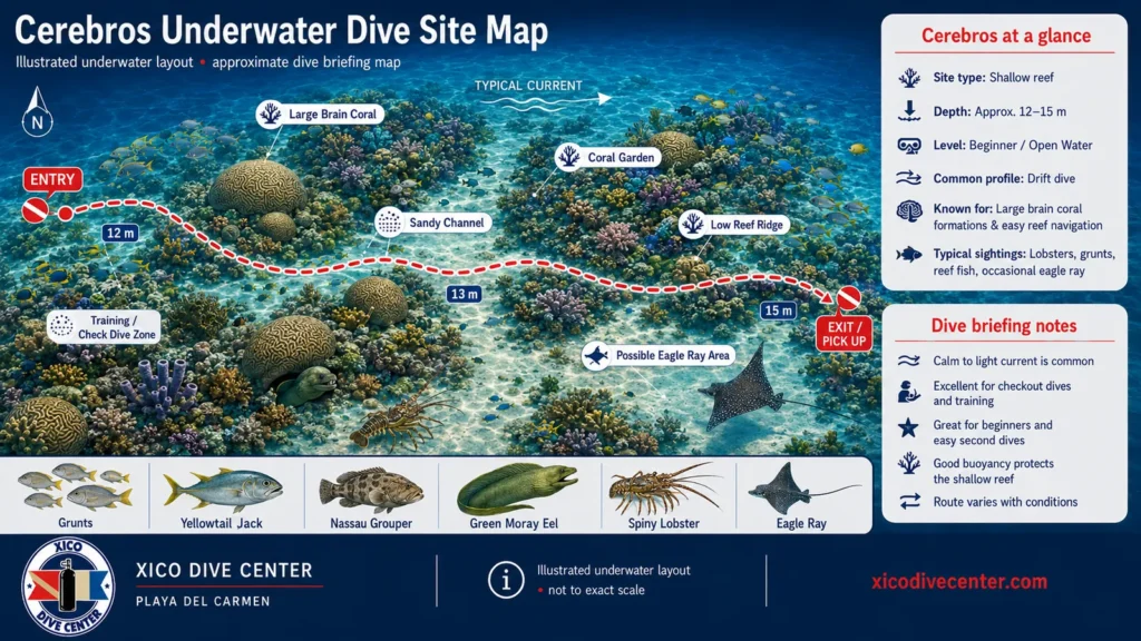 Cerebros underwater dive site map in Playa del Carmen showing shallow reef, brain coral formations, drift route, depth markers and marine life