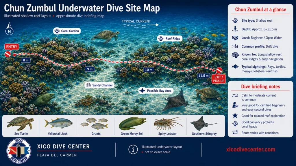 Chun Zumbul underwater dive site map in Playa del Carmen showing shallow reef, sandy channel, coral ridges, drift route and marine life