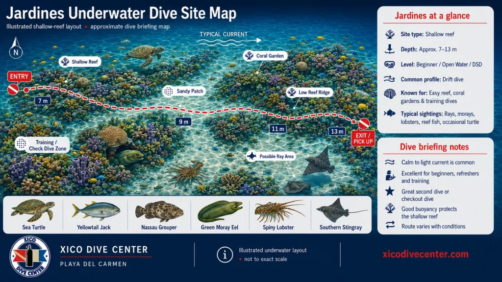 Jardines underwater dive site map in Playa del Carmen showing shallow reef, coral garden, sandy patches, beginner dive route and marine life