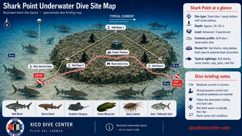 Shark Point underwater dive site map in Playa del Carmen showing bull shark area, stone plateau, descent rope, hold ropes, feeder position and depth markers