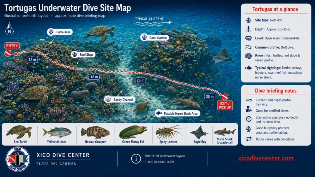 Tortugas underwater dive site map in Playa del Carmen showing turtle area, reef slope, sandy channel, drift route, depth markers and marine life